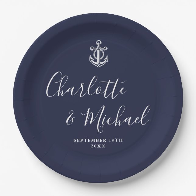 Elegant Navy Blue Anchor Nautical Wedding Paper Plates (Front)