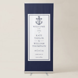 Elegant Navy Blue Anchor Nautical Wedding Welcome Retractable Banner