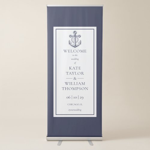Elegant Navy Blue Anchor Nautical Wedding Welcome Retractable Banner