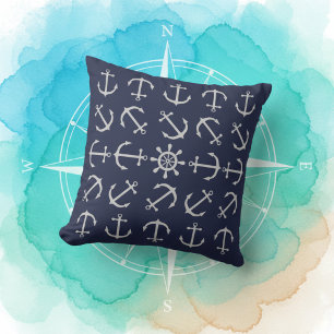 Elegant Navy Blue Anchor Print Sofa Pillow