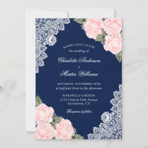 Elegant Navy Blue and Blush Burlap Floral Wedding Invitation
