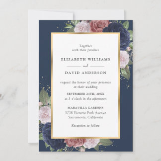 Elegant Navy Blue and Blush Floral Wedding Invitation