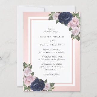 Elegant Navy Blue and Blush Floral Wedding Invitation