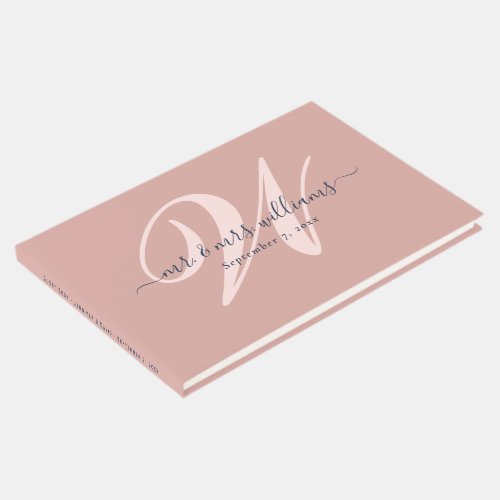 Elegant Navy Blue and Blush Monogram Wedding Guest Book