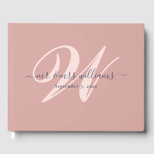 Elegant Navy Blue and Blush Monogram Wedding Guest Book (Front)