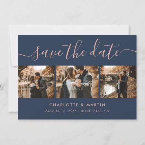 Elegant Navy Blue and Blush Photo Collage Save The Date