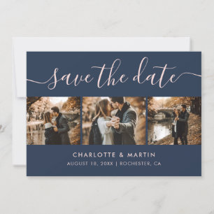 Elegant Navy Blue and Blush Photo Collage Save The Date