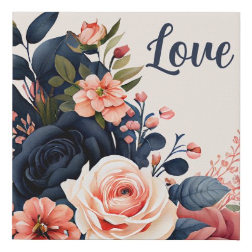 Elegant Navy Blue and Blush Pink Floral  Faux Canvas Print