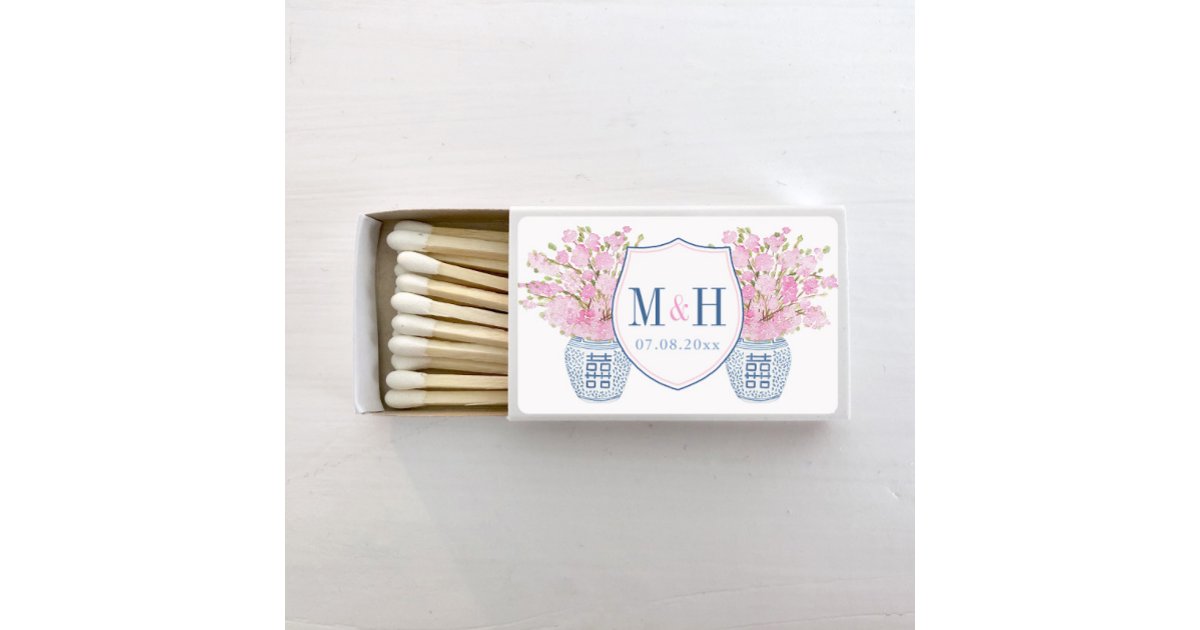 Elegant Navy Blue And Blush Pink Wedding Monogram Matchboxes | Zazzle