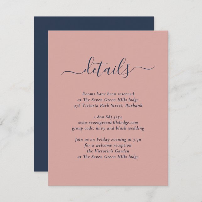 Elegant Navy Blue and Blush Wedding Enclosure Card (Front/Back)