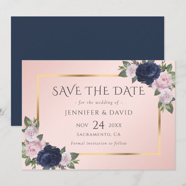 Elegant Navy Blue and Blush Wedding Save The Date (Front/Back)