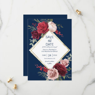 Elegant Navy Blue and Burgundy Floral Watercolor Save The Date