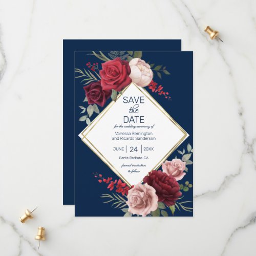 Elegant Navy Blue and Burgundy  Floral Watercolor  Save The Date