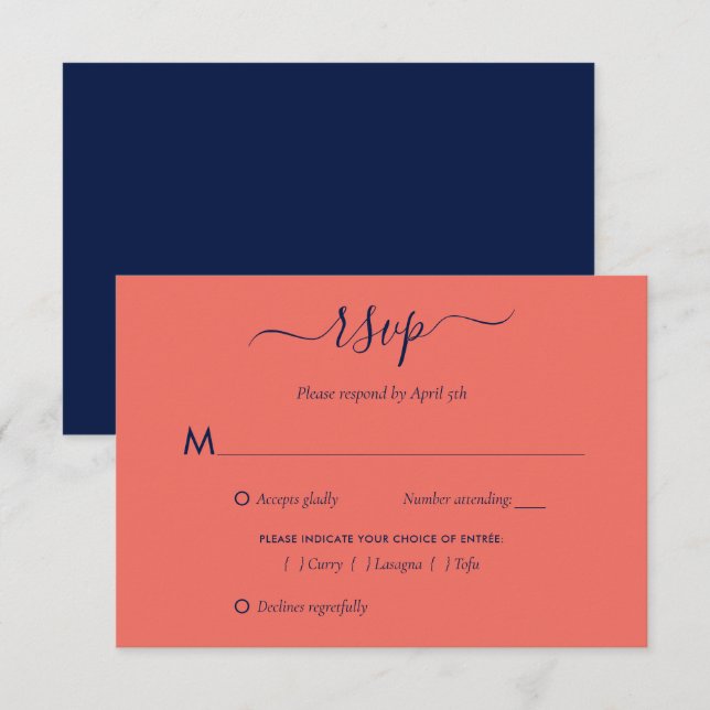 Elegant Navy Blue and Coral Wedding RSVP Card Meal (Front/Back)