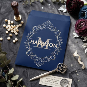 Elegant Navy Blue and Cream Filigree Monogram Poly Envelope Mailers