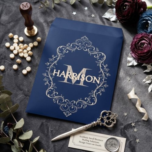 Elegant Navy Blue and Cream Filigree Monogram Poly Envelope Mailers