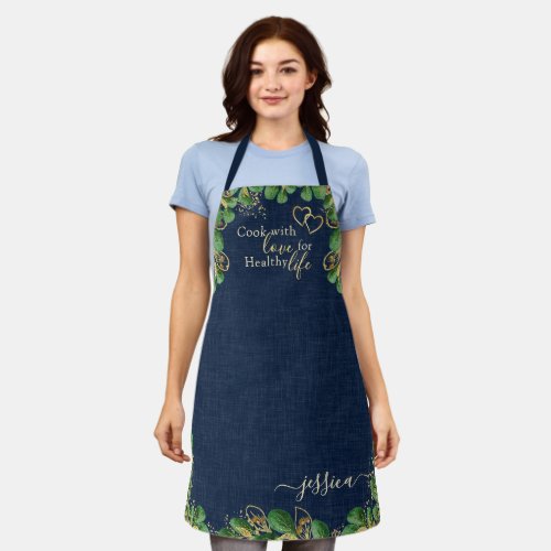 Elegant Navy Blue and Eucalyptus Greenery Kitchen Apron