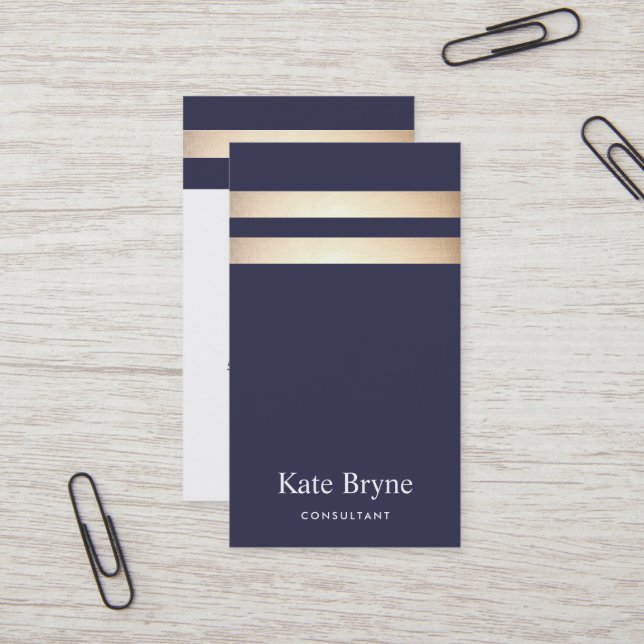 Elegant Navy Blue and Faux Gold Foil Stripe Business Card (Front/Back In Situ)
