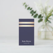 Elegant Navy Blue and Faux Gold Foil Stripe Business Card (Standing Front)