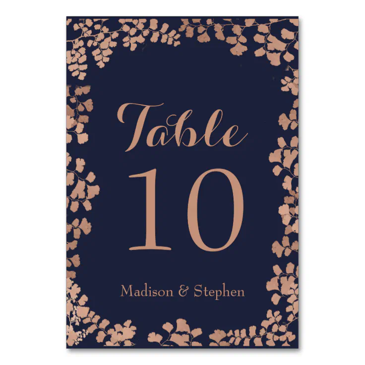 Elegant Navy Blue and Faux Rose Gold Wedding Table Number | Zazzle