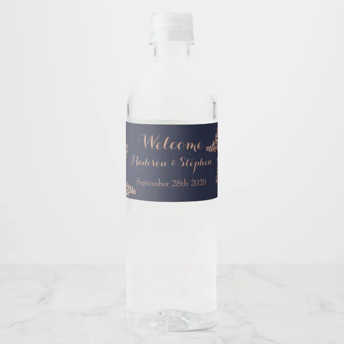 Elegant Navy Blue and Faux Rose Gold Wedding Water Bottle Label | Zazzle.com