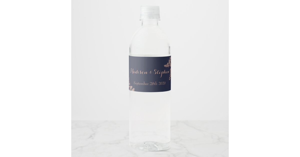 Elegant Navy Blue and Faux Rose Gold Wedding Water Bottle ...