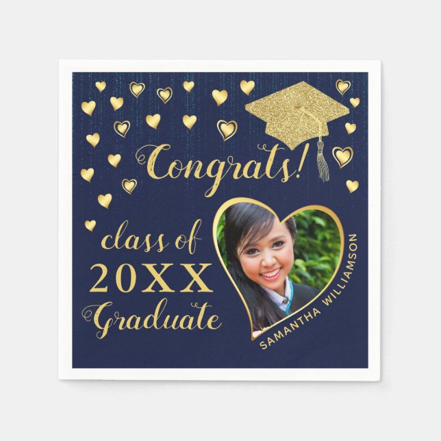 Elegant Navy Blue and Gold 2025 Graduation Napkins (Front)