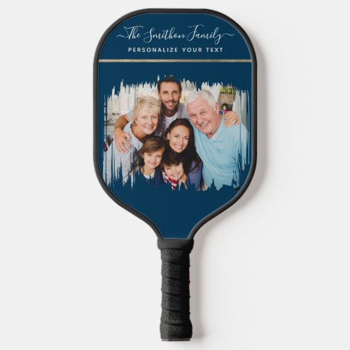   Elegant Navy Blue and Gold Add Your Photo Family Pickleball Paddle