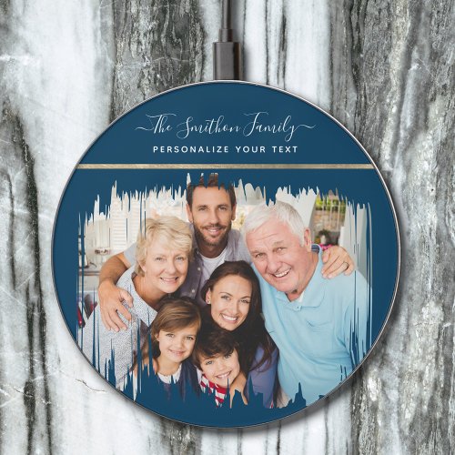   Elegant Navy Blue and Gold Add Your Photo Family Wireless Charger