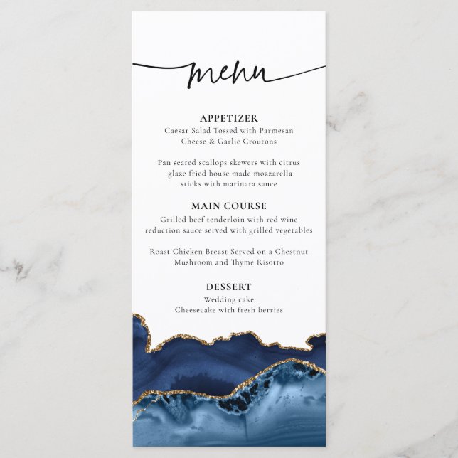 Elegant Navy Blue and Gold Agate Wedding Menu (Front)