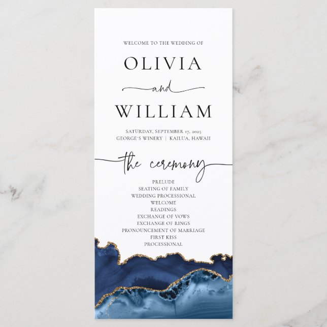 Elegant Navy Blue and Gold Agate Wedding Program (Front)