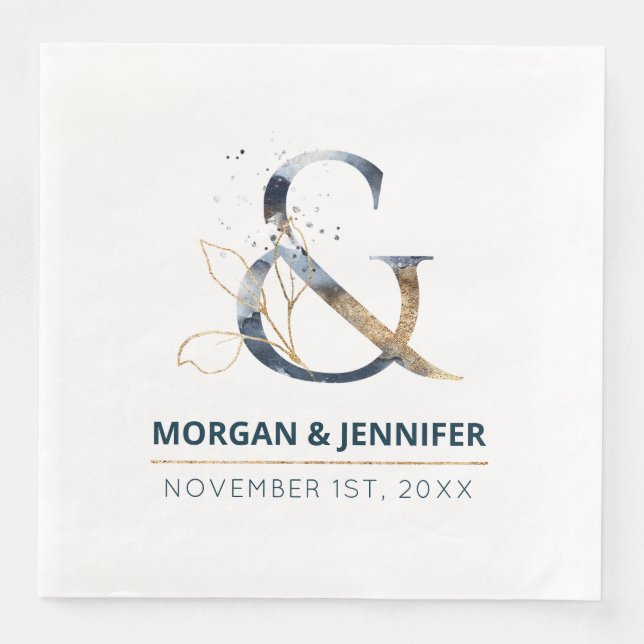 Elegant navy blue and gold ampersand wedding paper dinner napkins (Front)