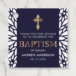 Elegant Navy Blue And Gold Baptism Thank You Favor Tags
