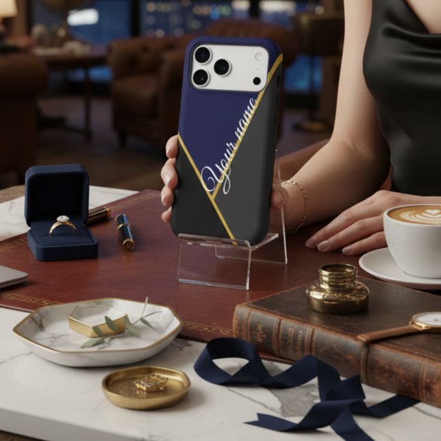 Elegant Navy Blue and Gold Black Geometric Custom Case-Mate iPhone Case (Creator Uploaded)