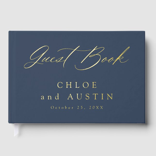 Elegant Navy Blue and Gold Calligraphy Wedding Foil Guest Book (Front)