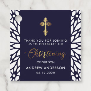 Elegant Navy Blue And Gold Christening Thank You Favor Tags