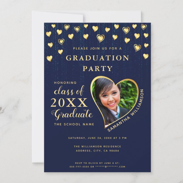 Elegant Navy Blue and Gold Class 2025 Graduation Invitation (Front)