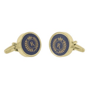 Elegant Navy Blue And Gold Crown Monogram Initial Cufflinks