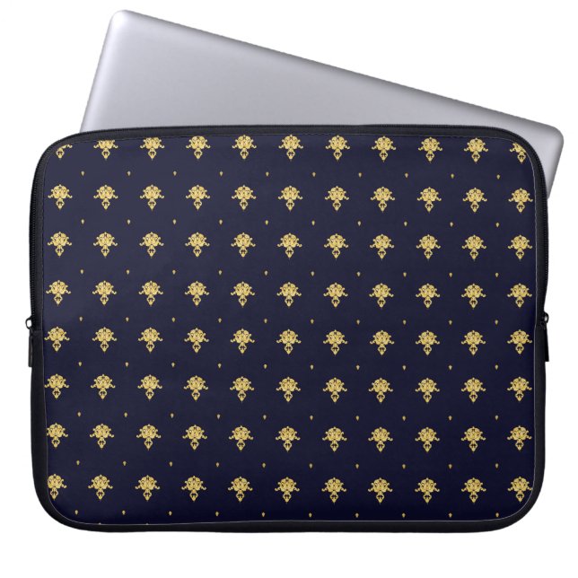 Elegant Navy Blue and Gold Damask Laptop Sleeve (Front)