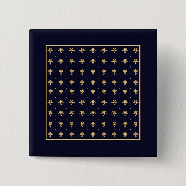 Elegant Navy Blue and Gold Damask Pinback Button (Front)