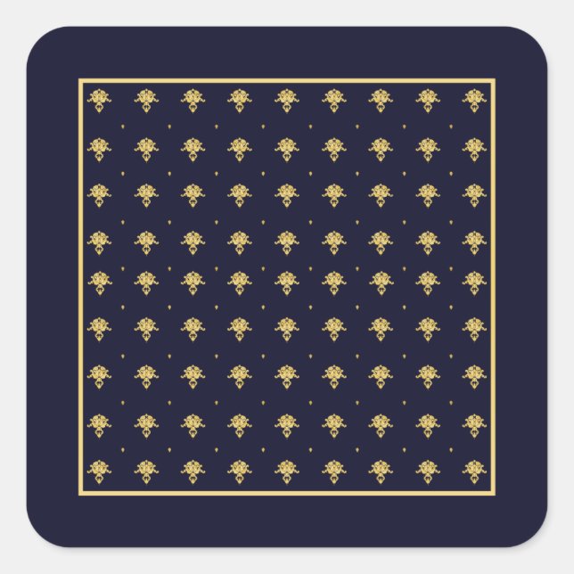 Elegant Navy Blue and Gold Damask Square Sticker (Front)