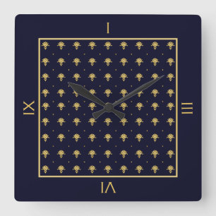 Elegant Navy Blue and Gold Damask Square Wall Clock