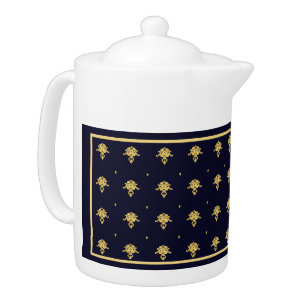 Elegant Navy Blue and Gold Damask Teapot