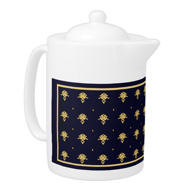 Elegant Navy Blue and Gold Damask Teapot (Left)