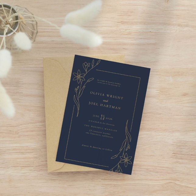 Elegant Navy Blue and Gold Floral Frame Wedding Invitation (Creator Uploaded)