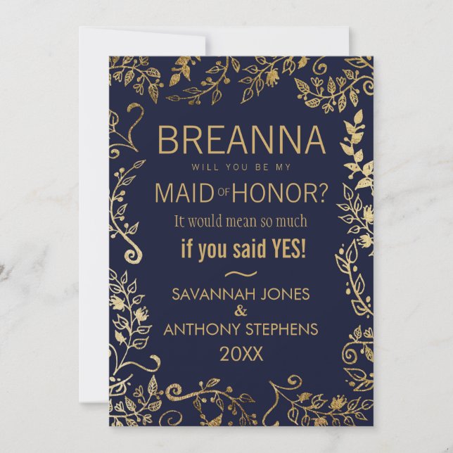 Elegant Navy Blue and Gold Floral Maid of Honor Invitation (Front)