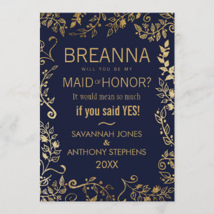 Elegant Navy Blue and Gold Floral Maid of Honor Invitation