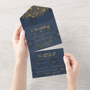 Elegant Navy Blue and Gold Floral Photo Wedding All In One Invitation