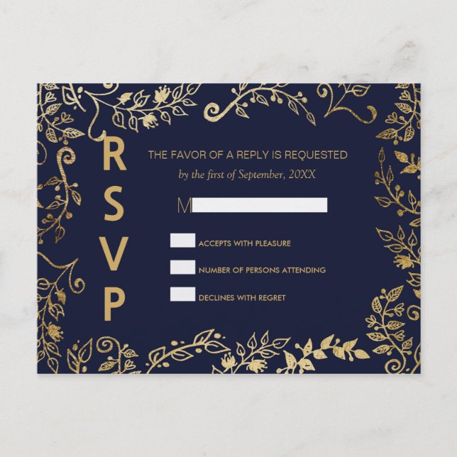 Elegant Navy Blue and Gold Floral RSVP Postcards (Front)