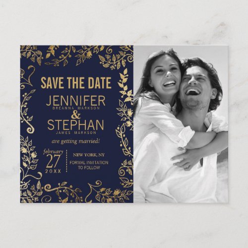Elegant Navy Blue and Gold Floral Save the Dates Announcement Postcard